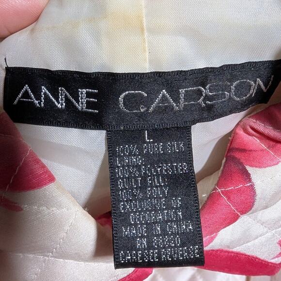 Vtg 1990s Anne Carson White Pink Quilted Floral 100% Silk Button Up Jacket Sz L - Picture 5 of 5